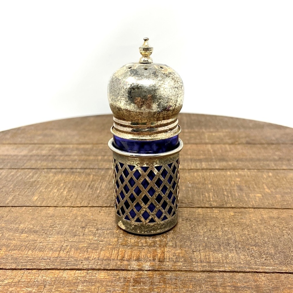 Vintage Cobalt Salt Shaker. Silver Top and Casing 4”